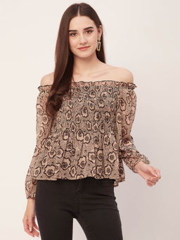 Moomaya - Women Semi-Fit Polyester Floral Beige Top