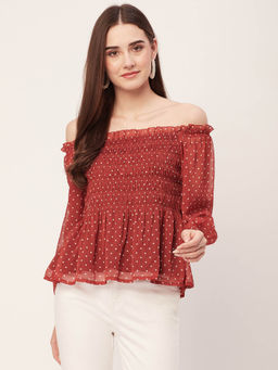 Moomaya - Women Semi-Fit Polyester Polka Dots Maroon Top