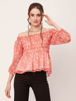 Moomaya - Women Semi-Fit Polyester Floral Peach Top