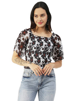 Moomaya - Women Tailored Fit Georgette Floral White Top