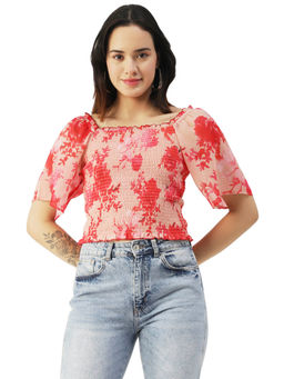 Moomaya - Women Tailored Fit Georgette Floral Pink Top