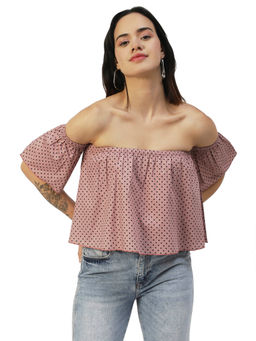Moomaya - Women Boxy Fit Poplin Polka Dots Pink Top