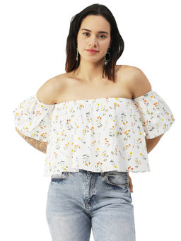 Moomaya - Women Boxy Fit Poplin Floral White Top
