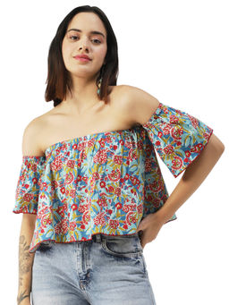 Moomaya - Women Boxy Fit Poplin Floral Multi-Color Top
