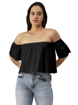 Moomaya - Women Boxy Fit Poplin Solid Black Top
