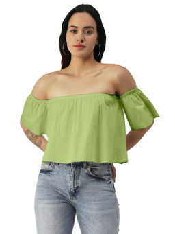 Moomaya - Women Boxy Fit Poplin Solid Green Top