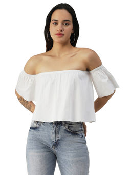 Moomaya - Women Boxy Fit Poplin Solid White Top