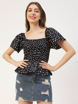 Moomaya - Women Peplum Fit Poplin Polka Dots Black Top
