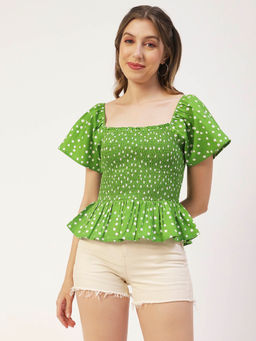 Moomaya - Women Peplum Fit Poplin Polka Dots Green Top
