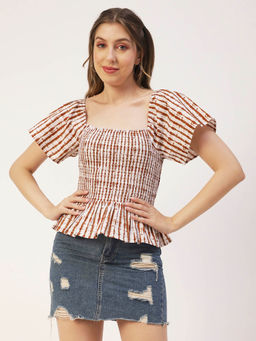 Moomaya - Women Peplum Fit Poplin Stripes Brown Top