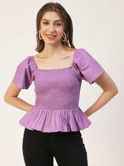 Moomaya - Women Peplum Fit Poplin Solid Purple Top