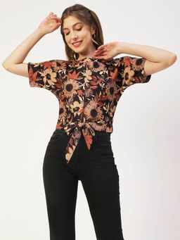 Moomaya - Women Comfortable Fit Rayon Floral Black Top