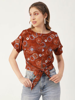 Moomaya - Women Comfortable Fit Rayon Printed Brown Top