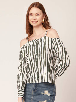 Moomaya - Women Comfortable Fit Rayon Stripes White Top