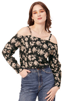 Moomaya - Women Comfortable Fit Rayon Floral Black Top