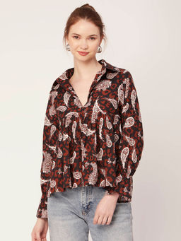 Moomaya - Women Peplum Fit Cotton Paisley Multi-Color Top