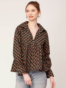 Moomaya - Women Peplum Fit Cotton Checks Black Top