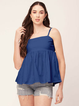 Moomaya - Women Peplum Fit Poplin Solid Navy Blue Top