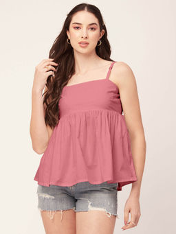Moomaya - Women Peplum Fit Poplin Solid Pink Top