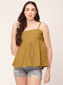Moomaya - Women Peplum Fit Poplin Solid Mustard Top