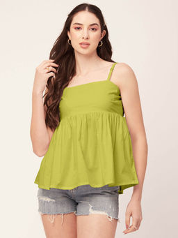 Moomaya - Women Peplum Fit Poplin Solid Green Top