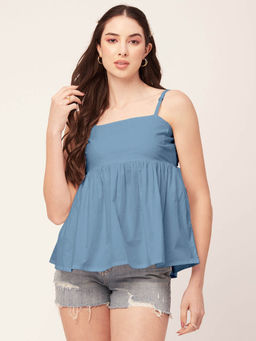 Moomaya - Women Peplum Fit Poplin Solid Blue Top