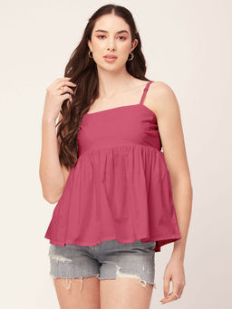 Moomaya - Women Peplum Fit Poplin Solid Magenta Top