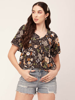 Moomaya - Women Peplum Fit Rayon Floral Black Top