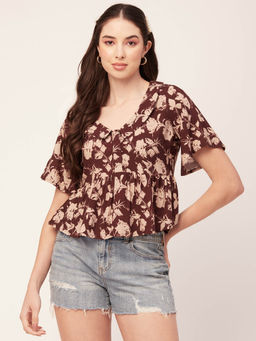 Moomaya - Women Peplum Fit Rayon Floral Wine Top