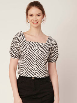 Moomaya - Women Comfortable Fit Poplin Printed Off White Top