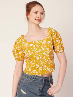 Moomaya - Women Comfortable Fit Poplin Floral Mustard Top