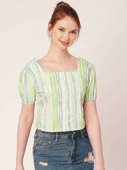 Moomaya - Women Comfortable Fit Poplin Stripes Green Top