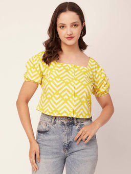 Moomaya - Women Comfortable Fit Poplin Printed Yellow Top