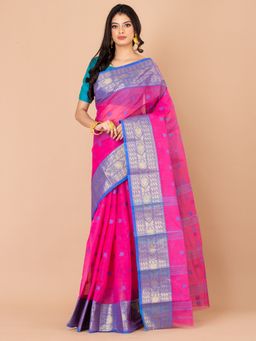 LAA CALCUTTA - Pink & Blue Pure Cotton Tant saree