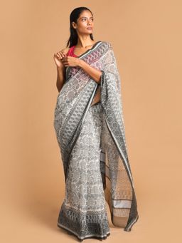 Indethnic - White Floral Super Net Saree with Unstitched Blouse