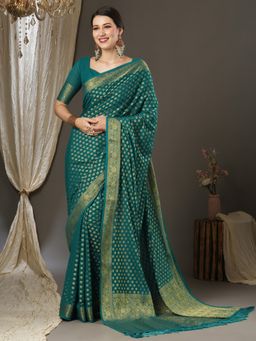 Akhilam - Womens Georgette Teal Blue Woven Designer Saree with Unstitched Blouse