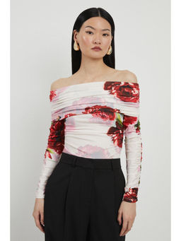Karen Millen - Rose Print Drapey Crepe Jersey Bardot Bodysuit