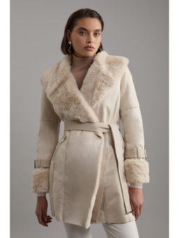 Karen Millen - Faux Shearling Collar and Cuff Belted Short Coat