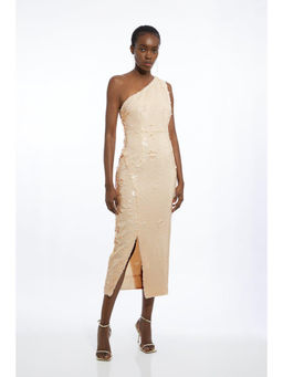 Karen Millen - Layered Sequin One Shoulder Woven Split Midi Dress
