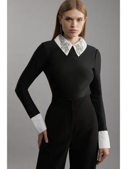 Karen Millen - Figure Form Bandage Embellished Collar Knit Top
