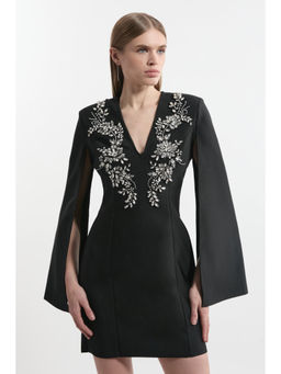 Karen Millen - Bandage Form Fitting Cape Sleeve Embellished Mini Dress