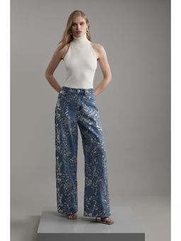 Karen Millen - Denim All Over Floral Sequin Wide Leg Trousers