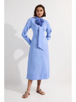 Karen Millen - Stripe Cotton Rosette Woven Shirt Maxi Dress