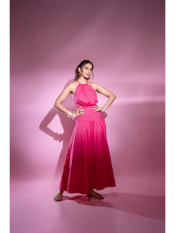 Karen Millen - Cotton Halter Neck Woven Midi Dress with Dropped Waist Detail