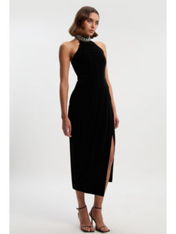 Karen Millen - Tailored Velvet Halter Embellished Neck Midi Dress