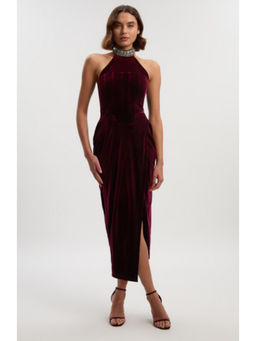 Karen Millen - Tailored Velvet Halter Embellished Neck Midi Dress