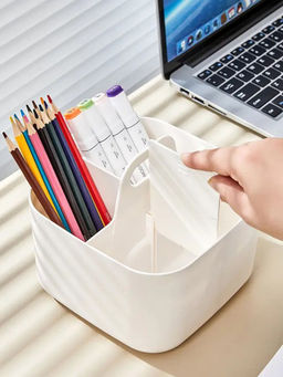 DecorTwist - White Multi-Functional Plastic Desk Organizer 4 Compartments