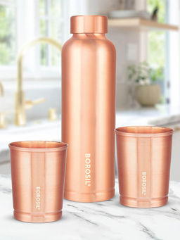 Borosil - Eco Copper Bottle With Glass Set 1L Bottle With 250Ml X 2 Copper Tumbler