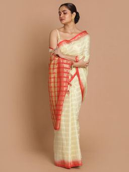 Indethnic - Banarasi Cream Checks Daily Wear Saree With Unstitched Blouse