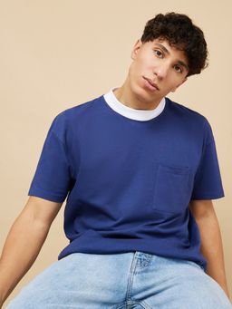 Styli - Blue Contrast Neck Oversized T-shirt With Pocket Detail